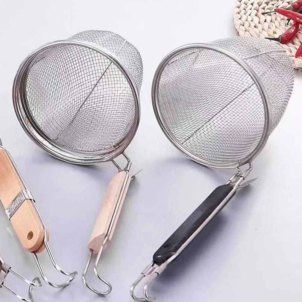 Embudo de fideos de acero inoxidable, mango de madera, cesta de Pasta gruesa, colador, cesta de malla multifuncional para dumplings y fideos