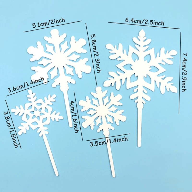 4pcs Ice And Snow Theme Merry Christmas Party Cake Topper White Snowflake Acrylic Happy Birthday Cake Top Christmas Party Decor