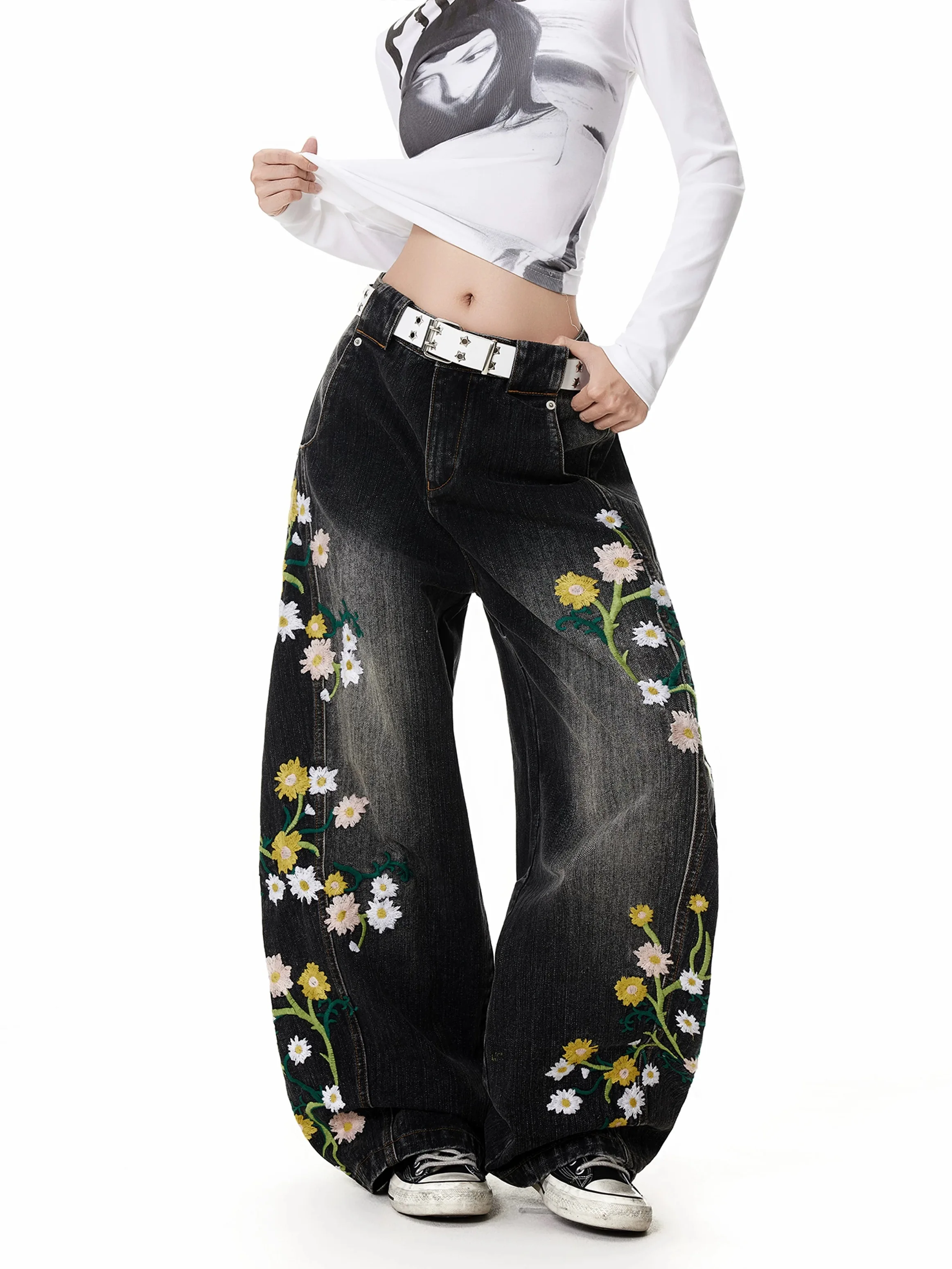 Y2K American High Street Jeans Unisex Plant Flower Embroidery Curved Knife Loose Wide Leg Casual Versatile Pants