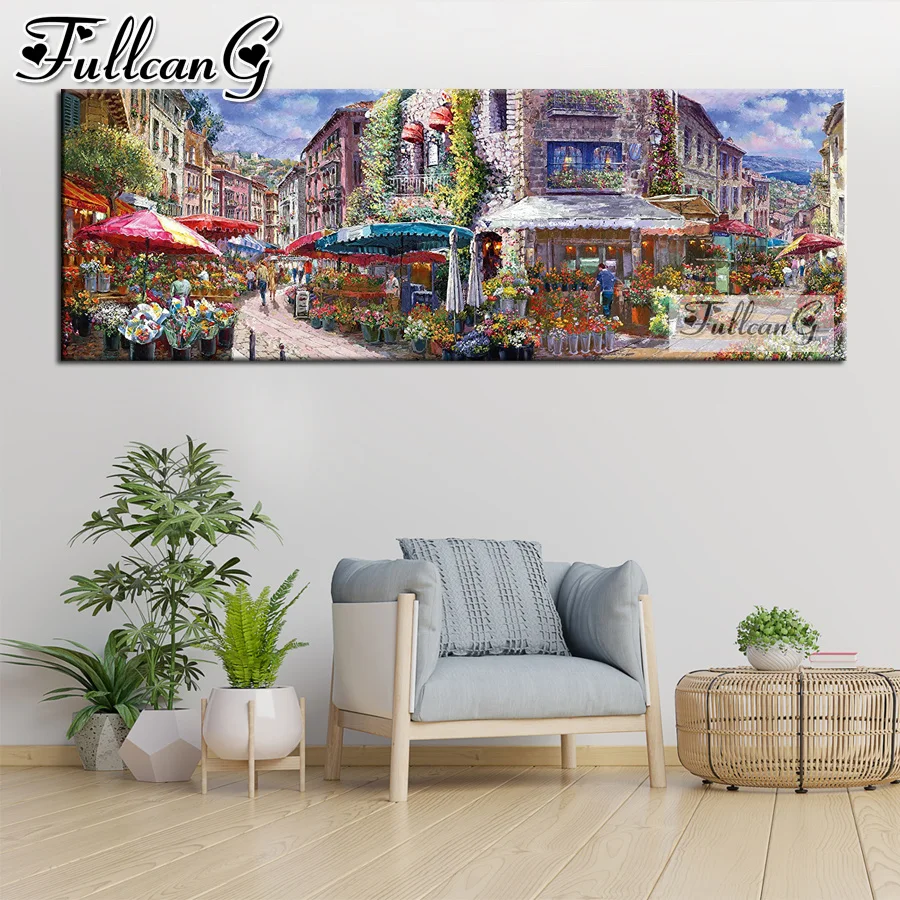 Diamonds Embroidery Abstract Flower Market Mosaic Painting Kits Large Town Scenery Diy Full Rhinestone Picture Home Decor AA3914