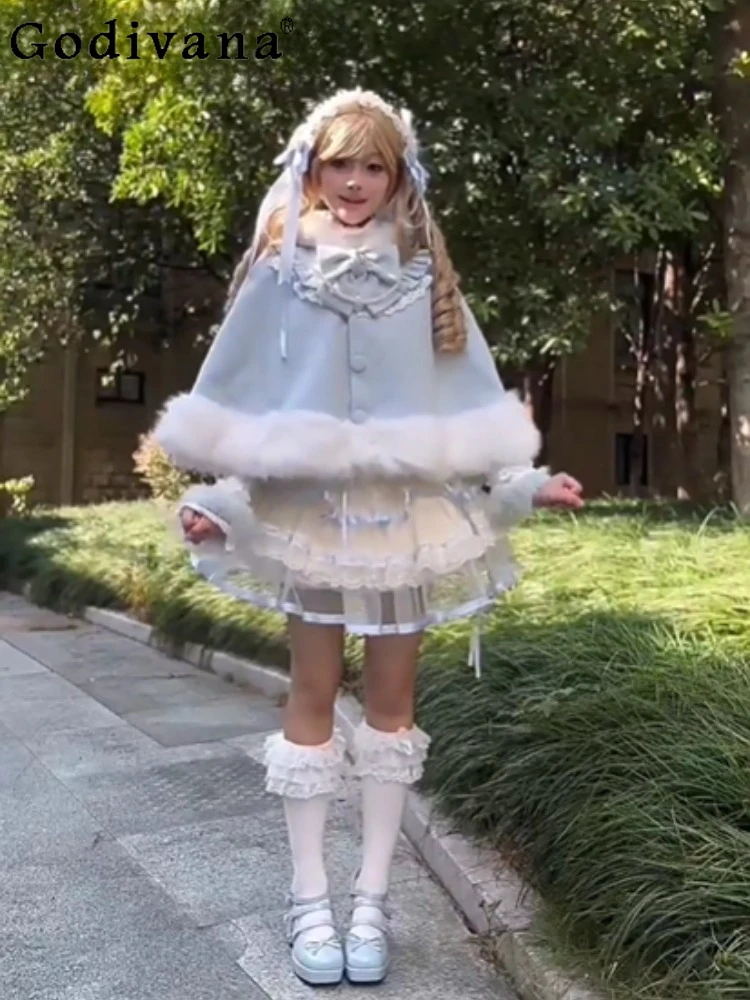

2025 New Japanese Style Original Bow Lolita Coat Sweet Girl Cute Doll Feel Fleece Lined Cape Wool Hooded Coat