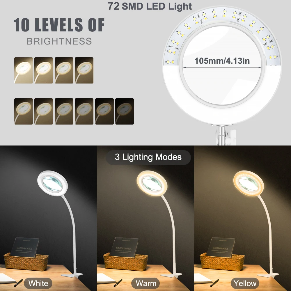 3X 5X Flexible Magnifier USB 3 Colors Lamp Clip-on Desk LED Reading Lamp Large Glass Lens Illuminated Magnifying Glass for Home