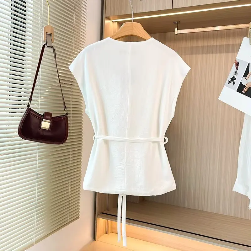 Maxdutti French Office Ladies Lazy Lace Up Waist Shirt Minimalist White Short-sleeved Blouse Women Tops Summer Suit