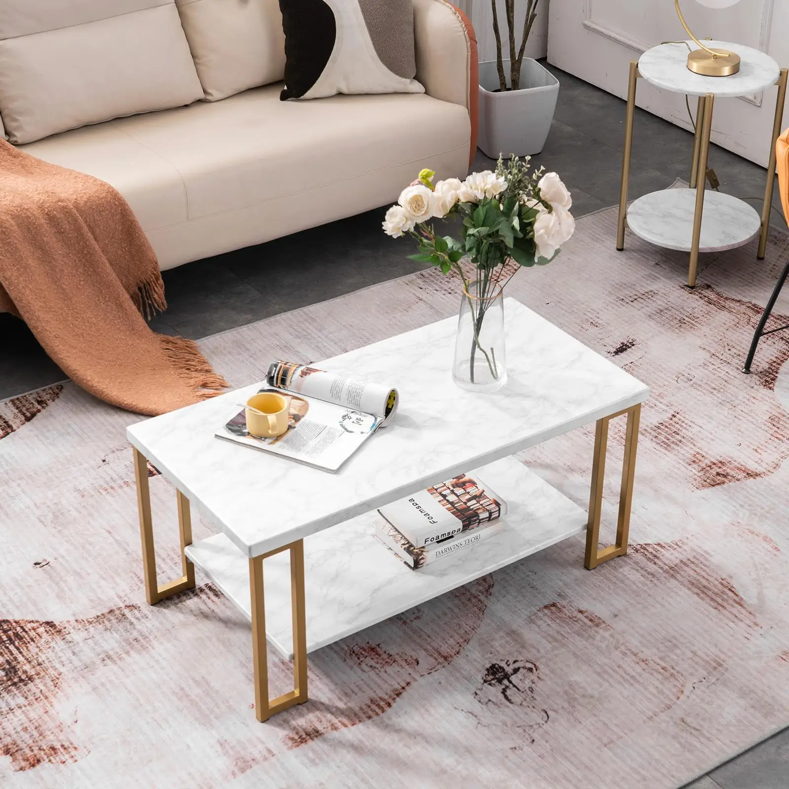 Elegant Double-Layer Golden Iron  & Marble PVC Rectangular Coffee Table (106x50x48cm) - Stylish Home Decor