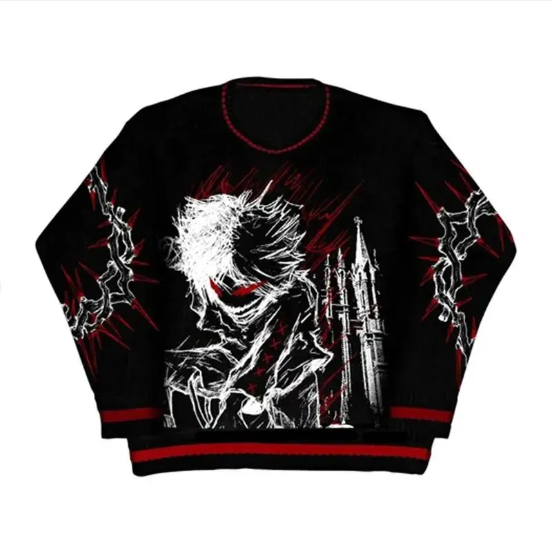 New Hip Hop Streetwear Knitted Sweater men Gothic portrait Print Pullover autumn Harajuku Cotton sweater women Oversized Sweater