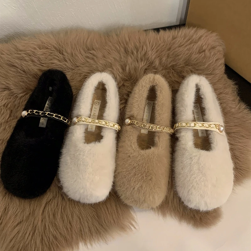 Autumn Winter Women Keep Warm Fur Flats Shoes Fashion Shallow Chain Shoes Ladies Comfort Soft Sole House Shoes