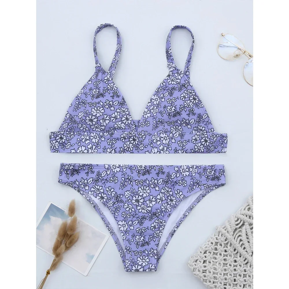 2024 New Purple Bikini Two-piece Print Swimsuit Women Sexy V-neck Backless Beach Bathing Suit High Waist Summer Swimwear
