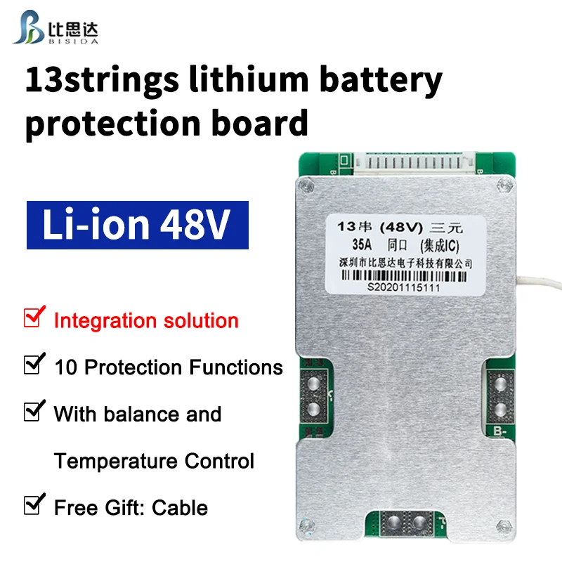 Bisida 13S BMS 48V 18650 Common Ports Protection Board with Balance Wire and NTC, Split Ports for Lithium-ion Battery Pack