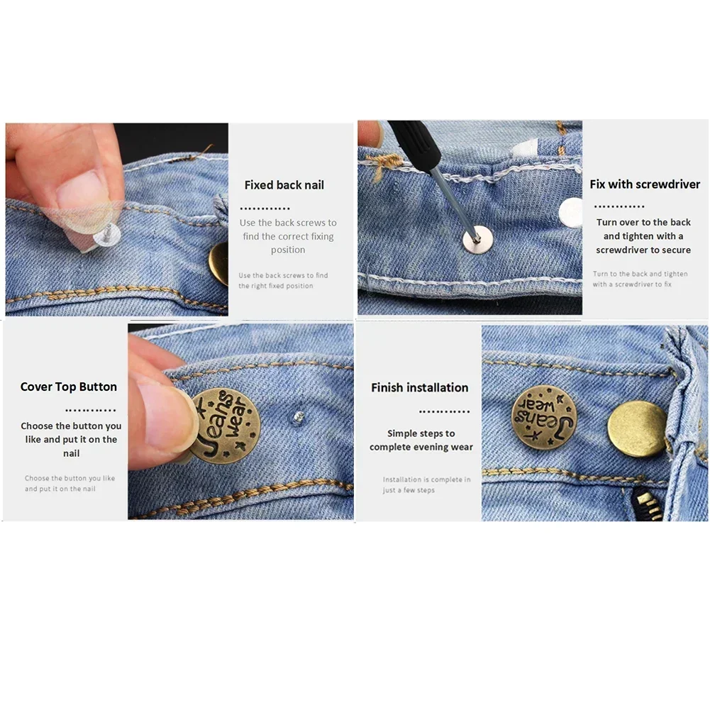 10Pcs Metal Jeans Buttons 17mm Replacement No-Sewing Screw Button Repair Kit Nailless Removable Jean Buckles Clothing Pants Pins