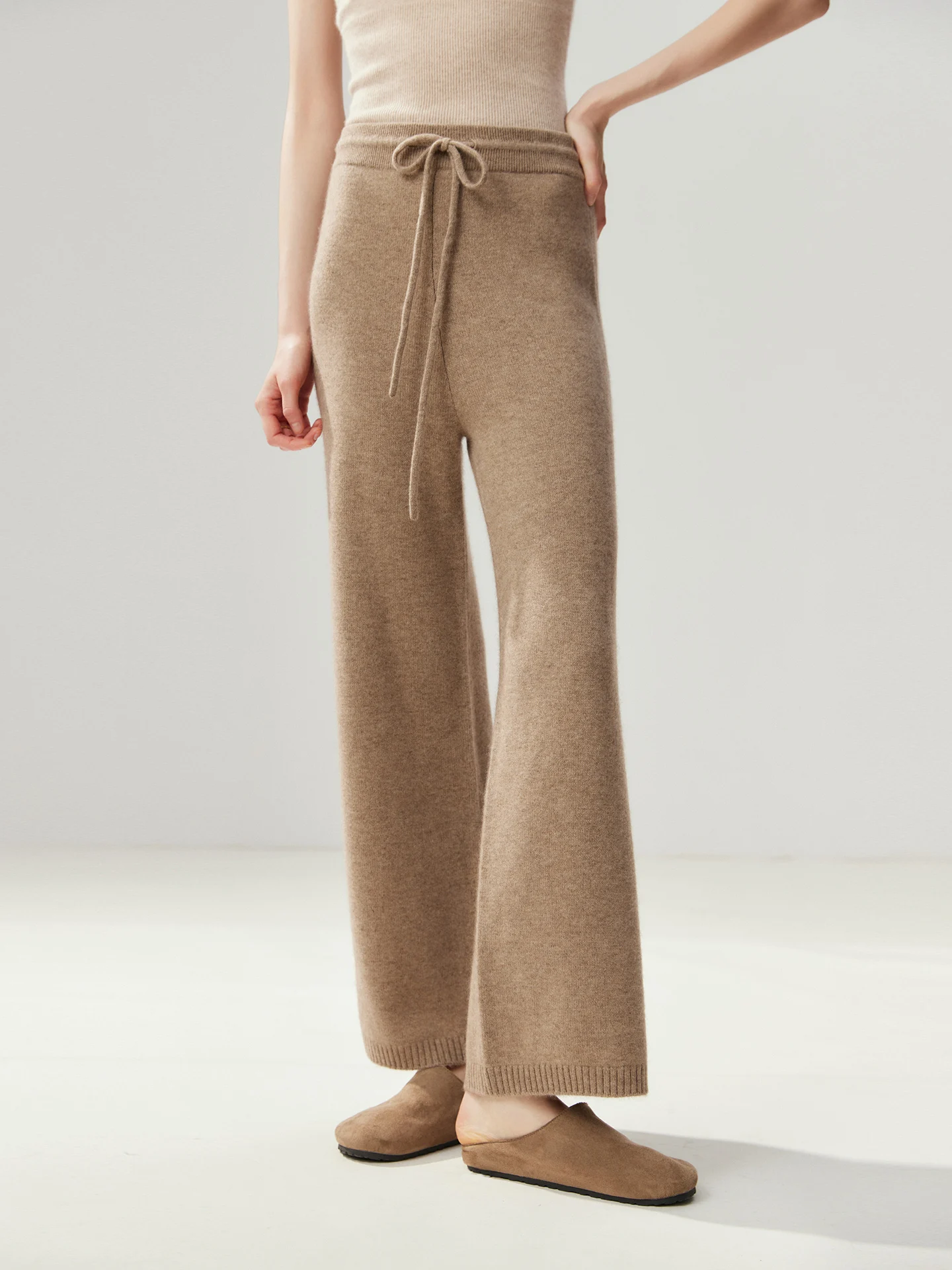 100% Cashmere Women Wide Leg Pants Autumn Winter Warm Drawstring Waist Knit Trousers Soft Loose Fit Lounge Pants Elegant Style