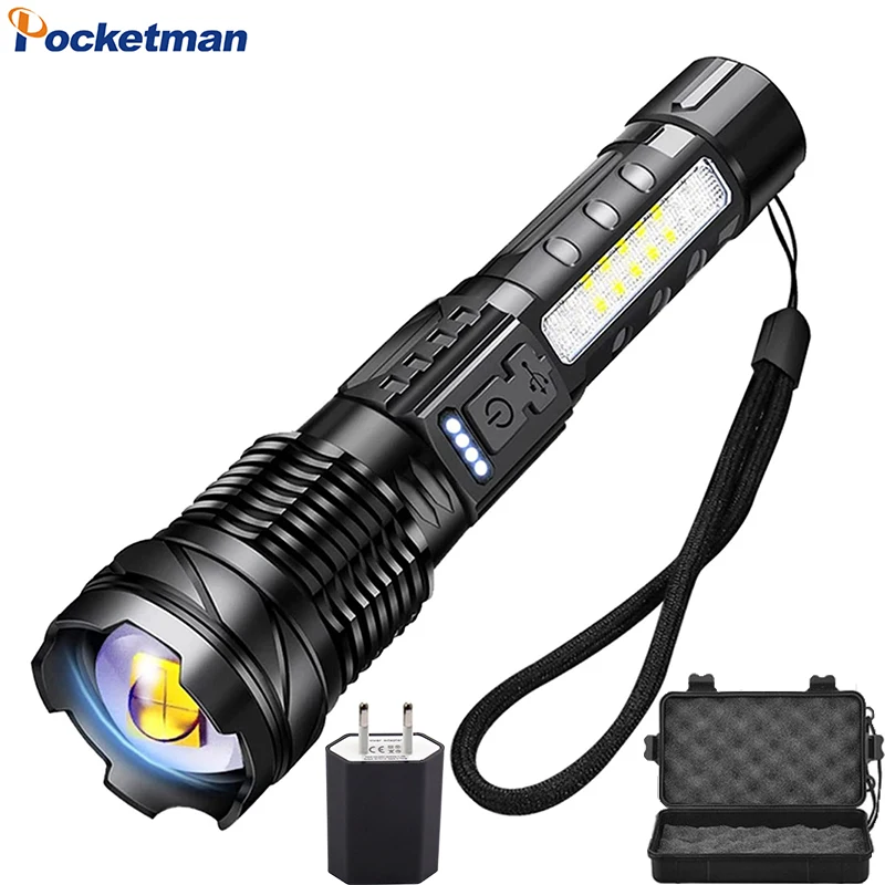 USB Rechargeable LED Flashlights Brightest with Red/Blue Side Light 7 Modes High Powered Handheld Torch IPX4 Waterproof