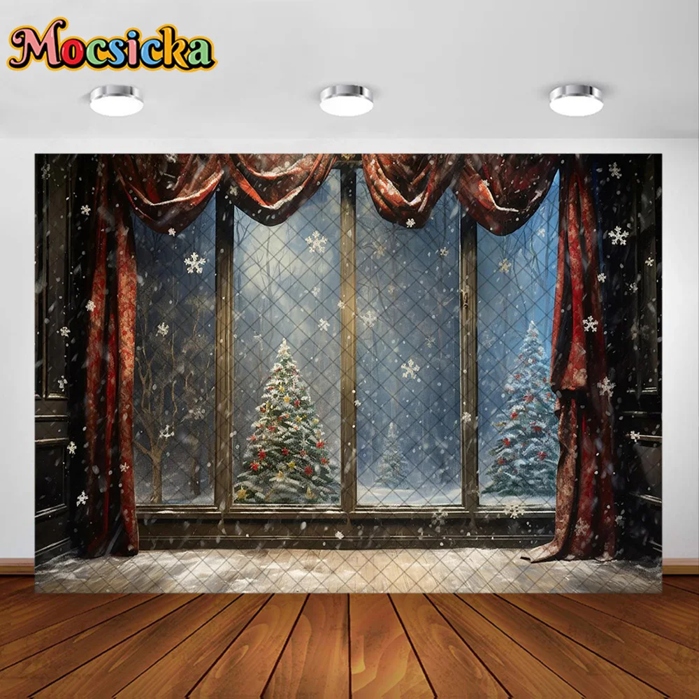 Mocsicka Photography Background Christmas Tree Wreath Window Room Decoration Backdrop Family Xmas Holiday Portrait Studio Prop