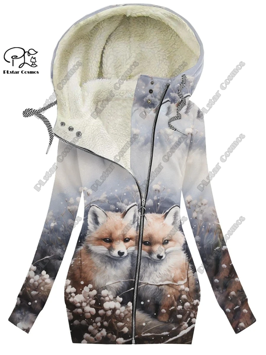 New 3D printed animal series cute fox pattern velluto warm women's long zipper hoodie coat pendolarismo casual winter