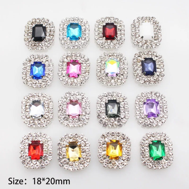 10Pcs 18*20MM Double Row Acrylic Rectangular Rhinestone Flat Bottom DIY Silver Plated Sewing Garment Decoration Accessories