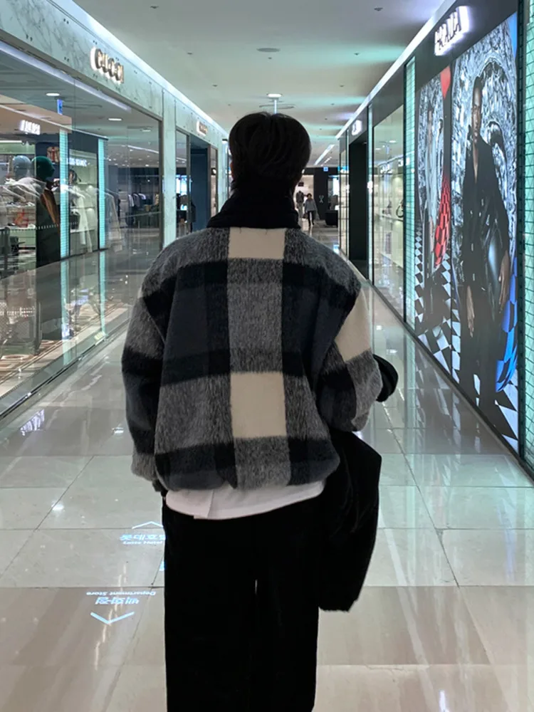 Syuhgfa-メンズモヘアニットルーズプルオーバー、カジュアルラウンドカラーセーター、チェック柄コントラクトカラー、メンズウィンタートップス、ニッチ、2024