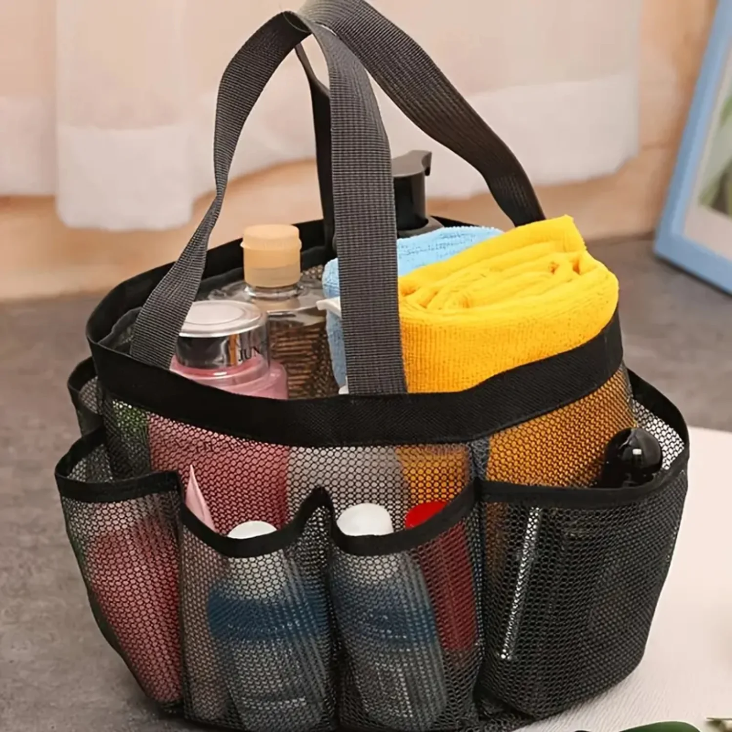 Portable Mesh Shower Caddy Quick Dry Women Tote Hanging Bath Toiletry Organizer Bag with 7 Storage Pockets & Double Handles - Co