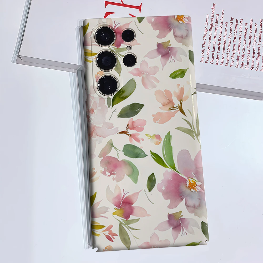 Pink Watercolor Floral Phone Case for Samsung Galaxy S26 S25 Ultra S24 S23 Ultra Plus Glossy Double-layer Back Cover
