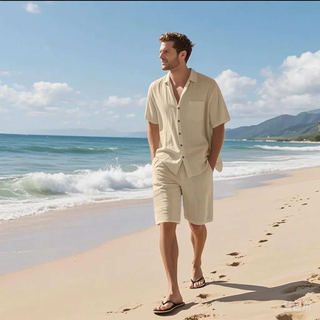 Conjunto de Pantalones Cortos de Lino para Hombre, Verano, Nuevo, Holgado, Versátil, Cómodo, Transpirable y de Secado Rápido, para Playa