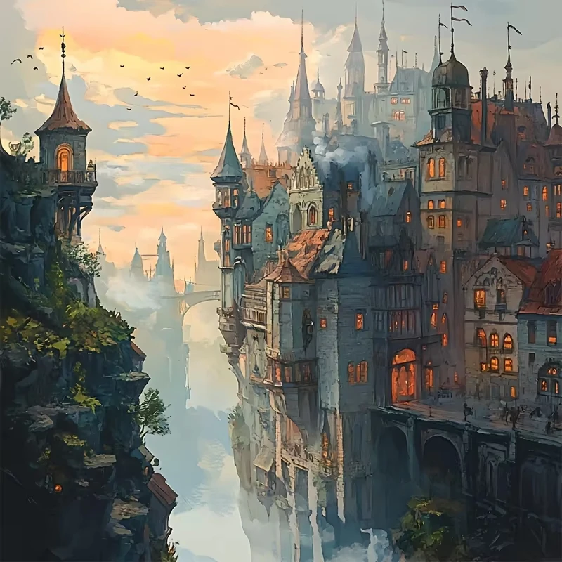 

Floating Fantasy Castle Jigsaw Puzzle, Spire Town Misty Valley Stone Bridge Warm Dusk Sky Flying Bird Medieval Fantasy Wall