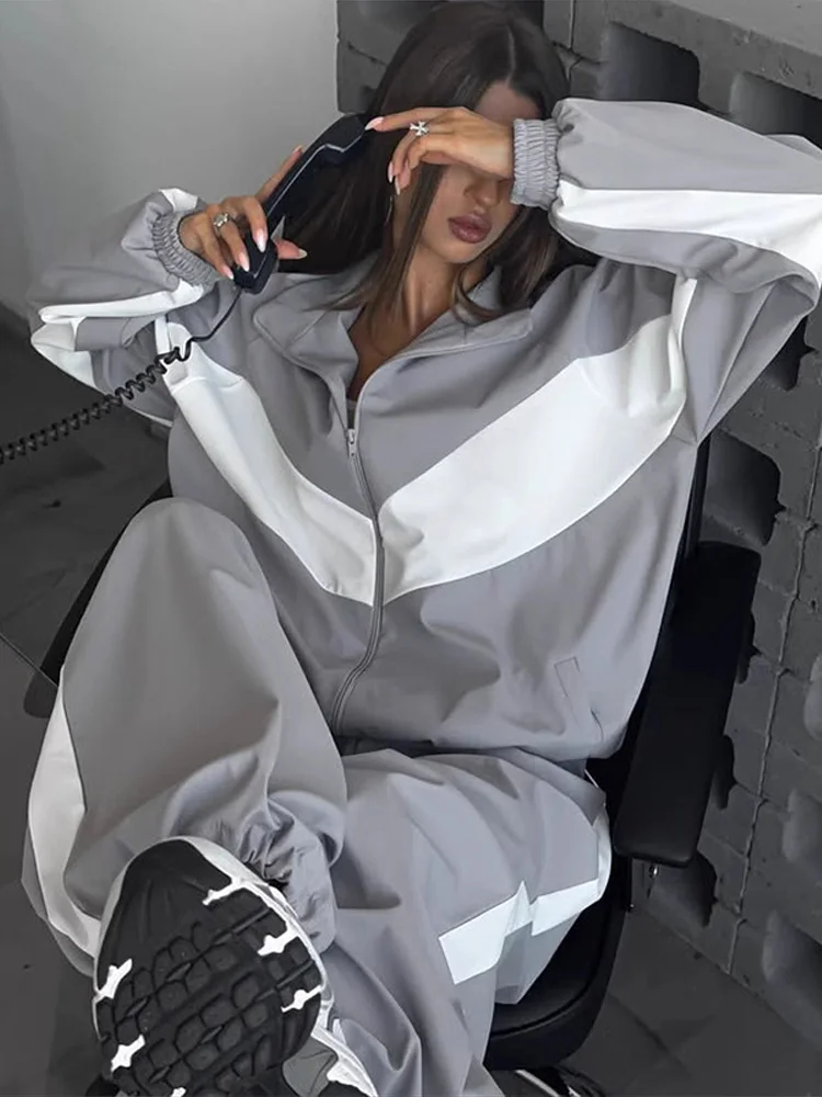 Getäfeltes, langärmliges, übergroßes Oberteil, Hosen-Sets für Damen, Streetwear, Laternenärmel, Reißverschluss, lockerer Mantel, Hose mit weitem Bein, modische Sportbekleidung – Detail 7