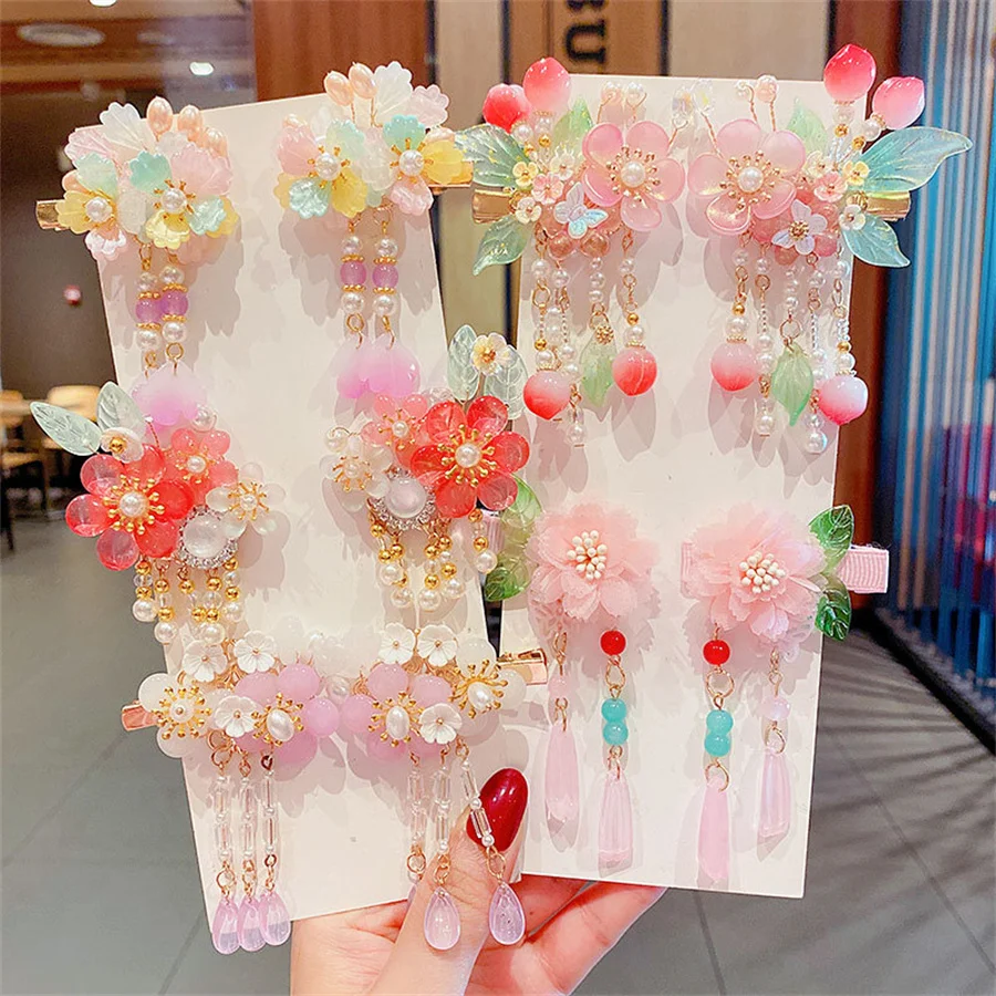 2Pcs/Set New Korean Hanfu Elegant Butterfly Hairpin Flowers Metal Tassel Long Hairgrips Party Hair Accessories Combo Hair Clip