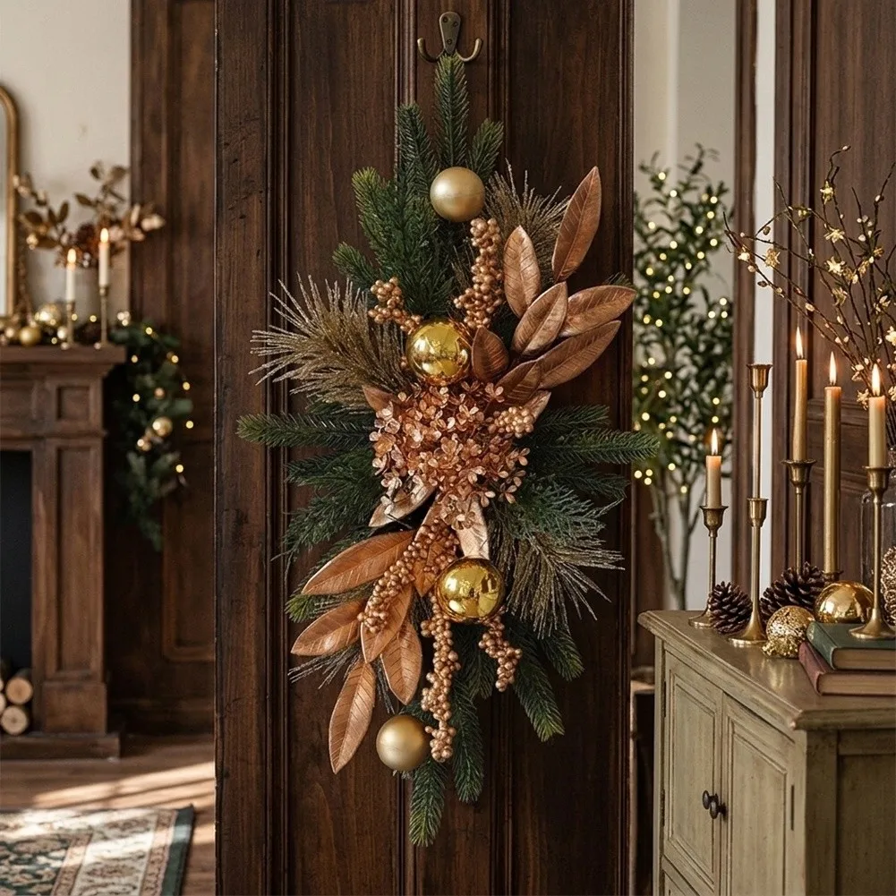Christmas Pine Garland with Gold-Toned Accents Pine Tips and Berry Clusters for Home Door Fireplace Decoration