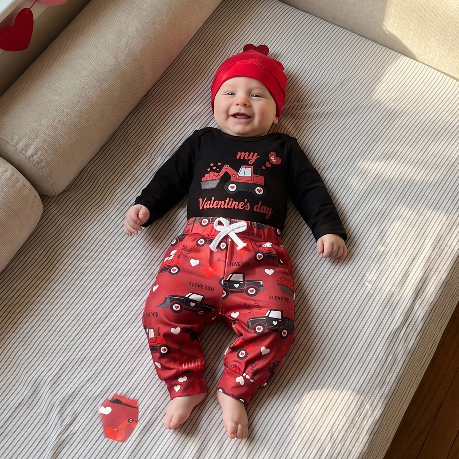 Infant Baby Boys Valentines Outfit Long Sleeve Printed Romper Pants Hat