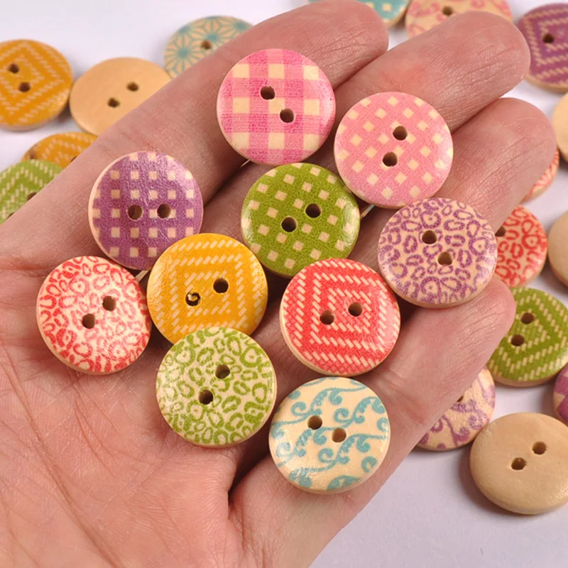 50pcs 1.8cm Geometric Grid Patterns with Two Hole Wooden round Buttons Handmade DIY Sewing for Clothing Decoration