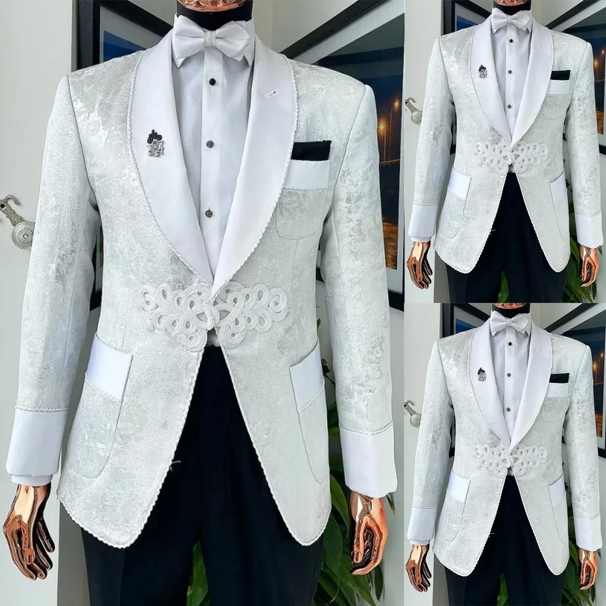 Floral Jacquard Men Suits For Wedding Shawl Lapel Tuxedos Designer High End Chinese Knotting Groom Wear 2 Pcs Jacket With Pants