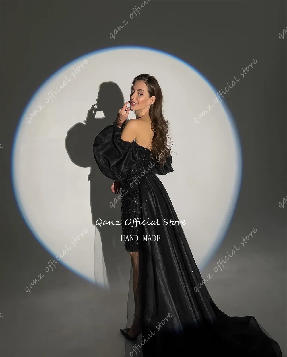 Qanz Black Mermaid Evening Dresses Luxury Corset Sequined Strapless Wedding Party Dress Puff Sleeves Long Train Robes De Soirée