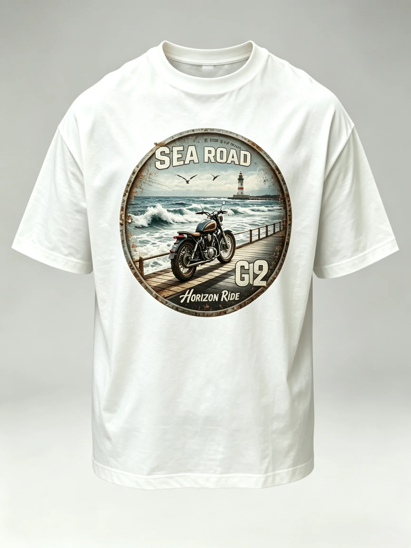 Unisex Vintage Sea Road Lighthouse Motorcycle Front Print T-Shirt Men Women Oversized Round Rust Badge Biker Graphic Tee Seaside Motorbike Retro Streetwear Cotton Short Sleeve Tops