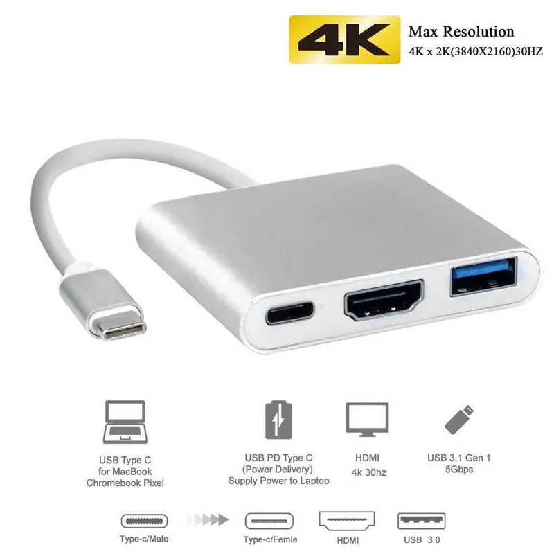 3 In 1 Usb-C Usb Hub Male To Female Hdmi-Compatible 4k Usb 3.1 Type-C To Usb 3.0 Charging Adapter For Macbook Air 12 Converter