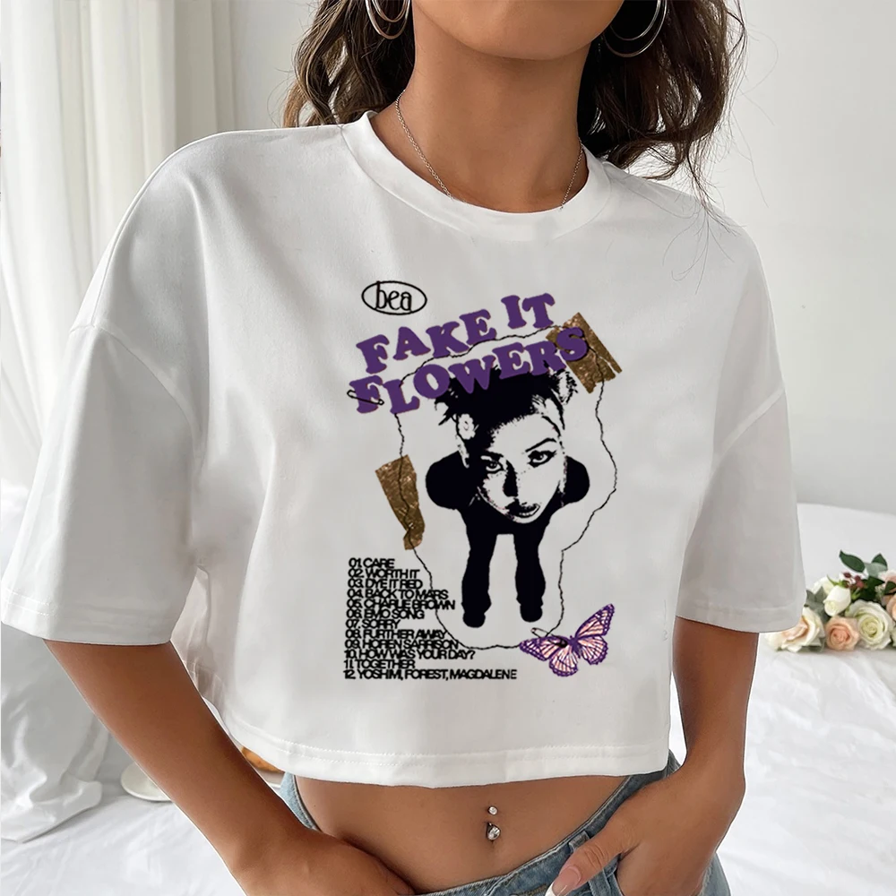 Beabadoobee Fake It Flowers Crop Tops Beabadoobee Merch Gift for Beabadoobee Fan Harajuku O-Neck Short Sleeves Crop Tops