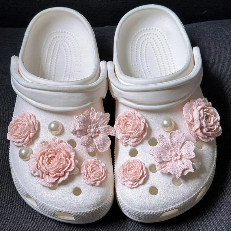 New Pearl Bow Shoe Jibbitz Charms Set Pink Flower Charms DIY Decoration Buckle for Summer Sandals Xmas Party Gifts