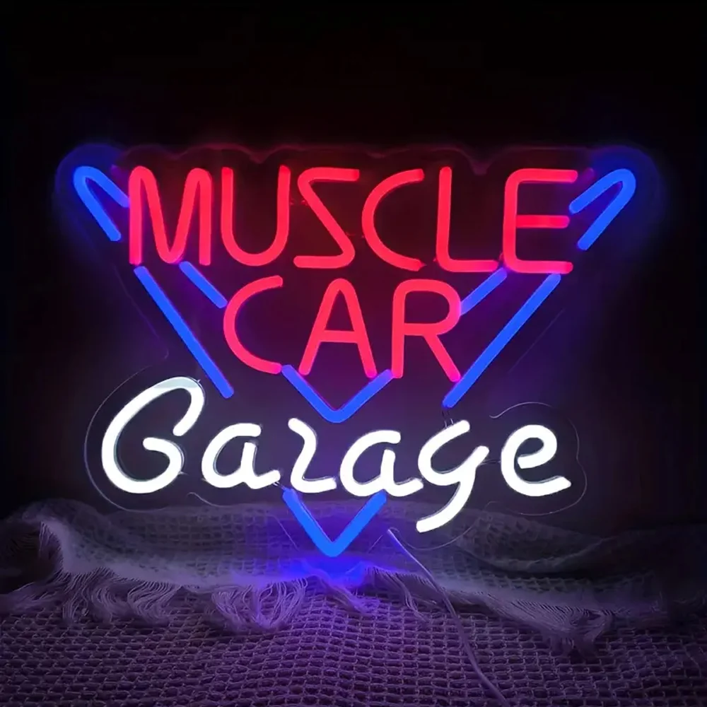 Muscle Car Garage LED Neon Sign - Multicolor Plastic Wall Hanging with Switch Control,USB Powered for Multipurpose Use in Rooms