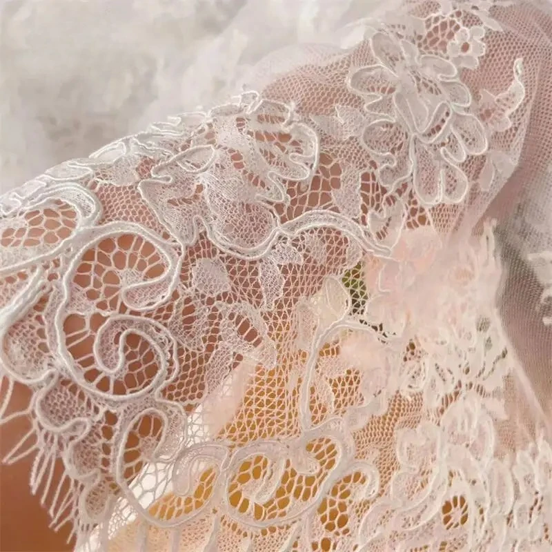300CM X 150CM. French Large Flower Border Embroidery Lace Fabric.Couture Bride Wedding Gown Fabric. White