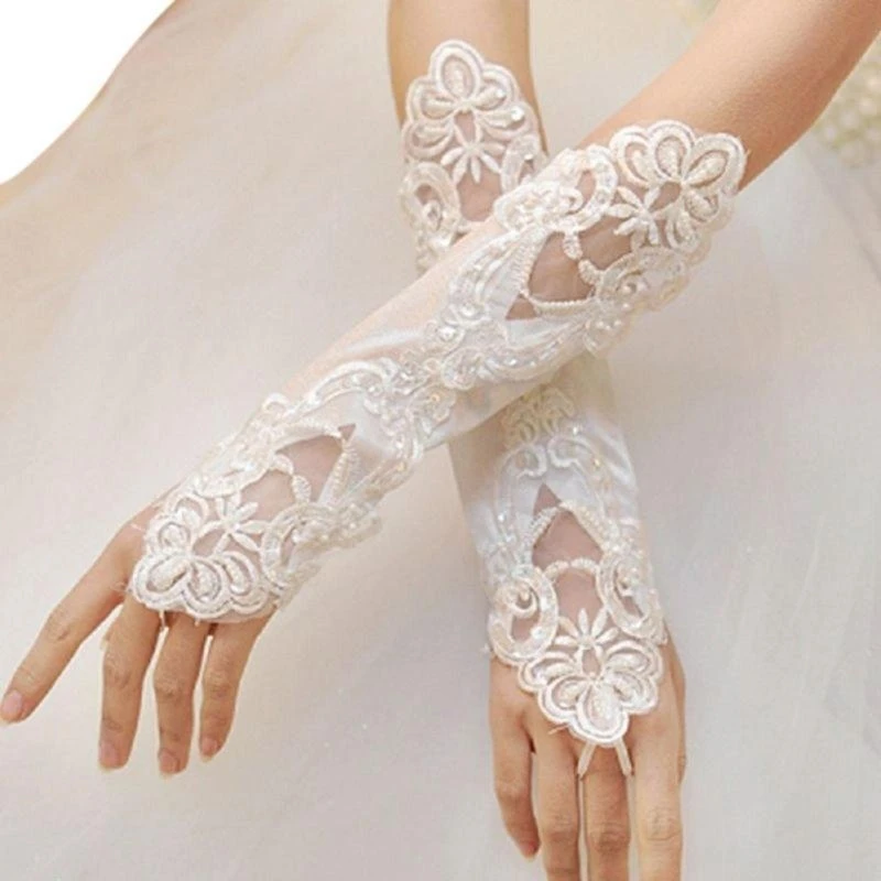 

652F Women Sequins Gloves Embroidery Lace Splicing Solid Color Fingerless Mittens with Loop for Wedding Party