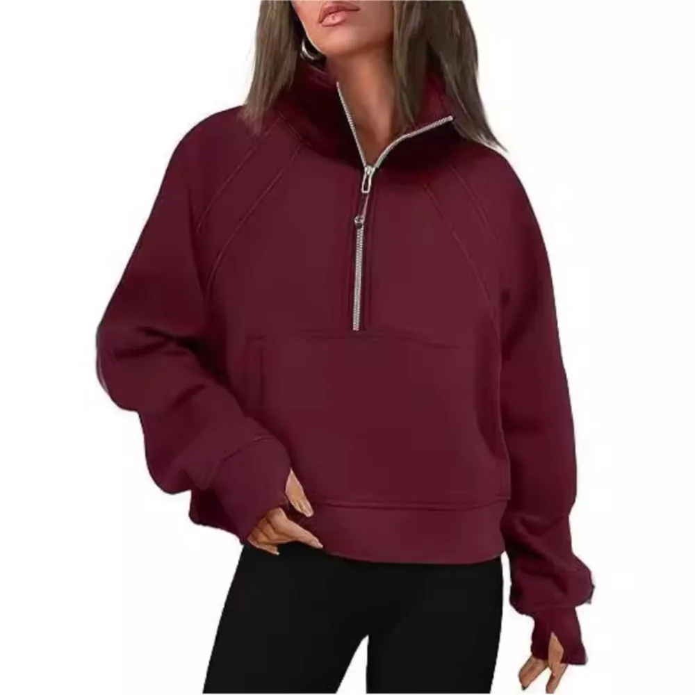 Stand Collar Casual Sweatshirts Half Zip Women Cropped Pullover Thumb Hole Overzised Hoodie Solid Color Plus Size Sports Outfit