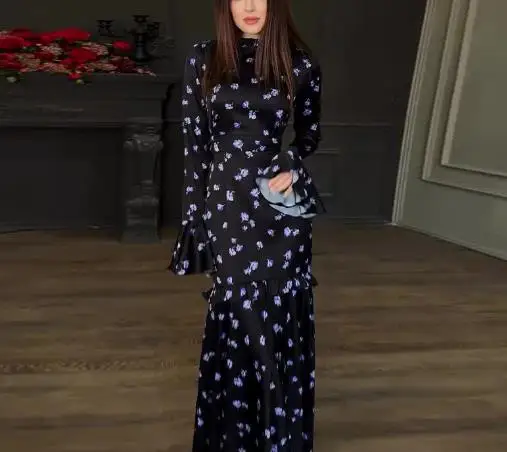 2025 herbst Neue frauen Elegante Mode Horn Hülse Blumen Kleid