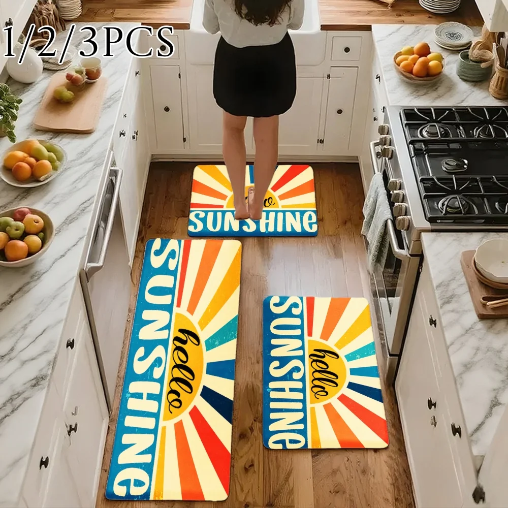 3PCS Kitchen Rugs,Home Decoration for Front Door, Kitchen, Bathroom, Sunshine Hello Sunburst Pattern Colorful Design Dining Mat