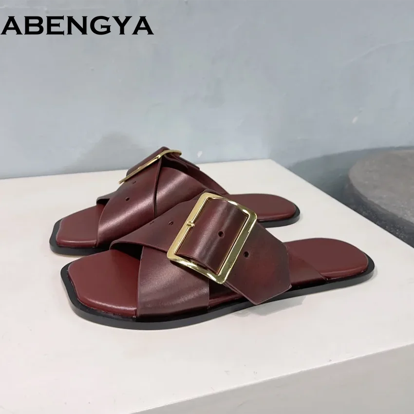 

Summer Real Leather Women's Flat Slippers Square Toe Buckle Flat Slippers Women loafers Casual Shoes Sandalias Mujer 2025