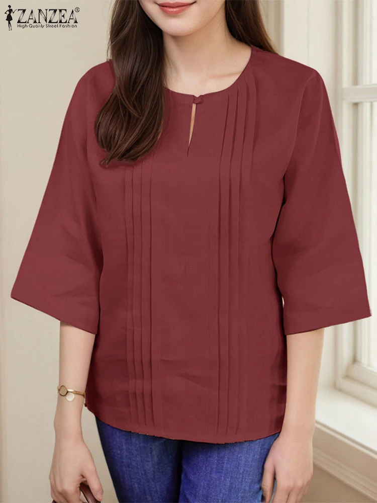 

ZANZEA 2022, женские однотонные блузки с рукавом 3/4, осенние плиссированные рубашки, повседневные топы с круглым вырезом, Mujer Blusas Femme, модная рабочая рубашка OL