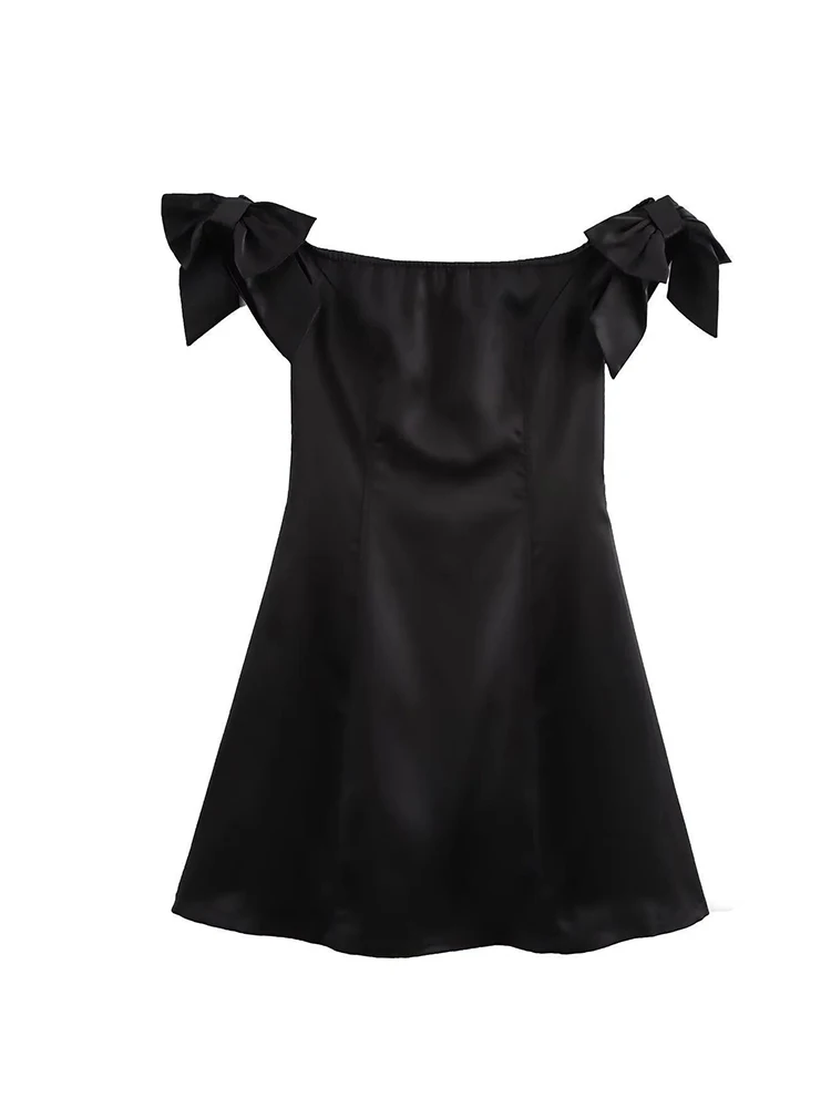 Women Off Shouler Bow Black A-line Dress Sexy Satin Dresses