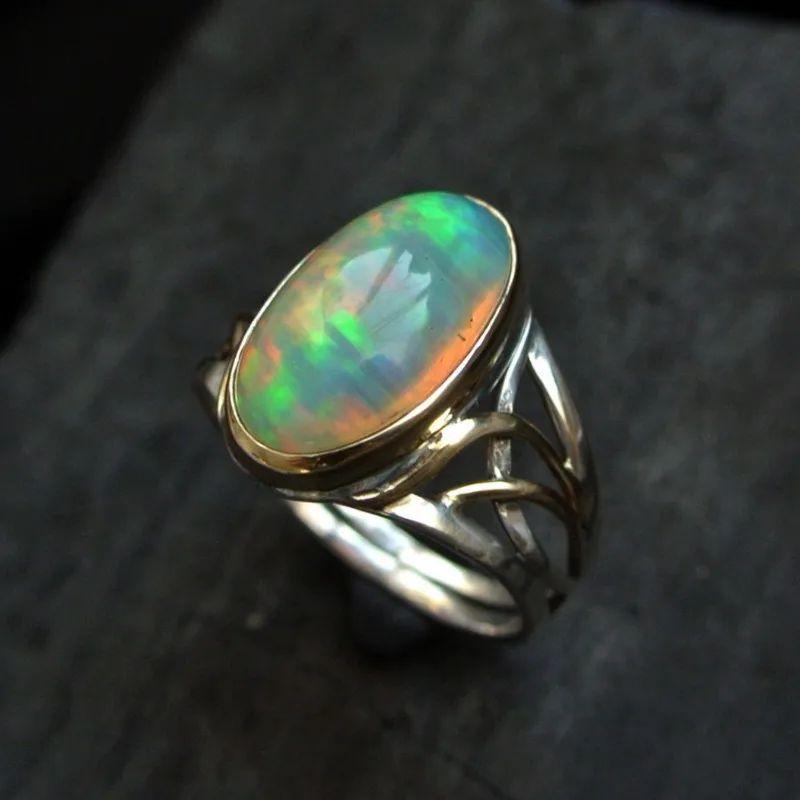 Exaggerated Ring Inlaid Large Egg Shape Opal Sunset On The Beach Color Perfect Decor For Cocktail Party Use It To Be The