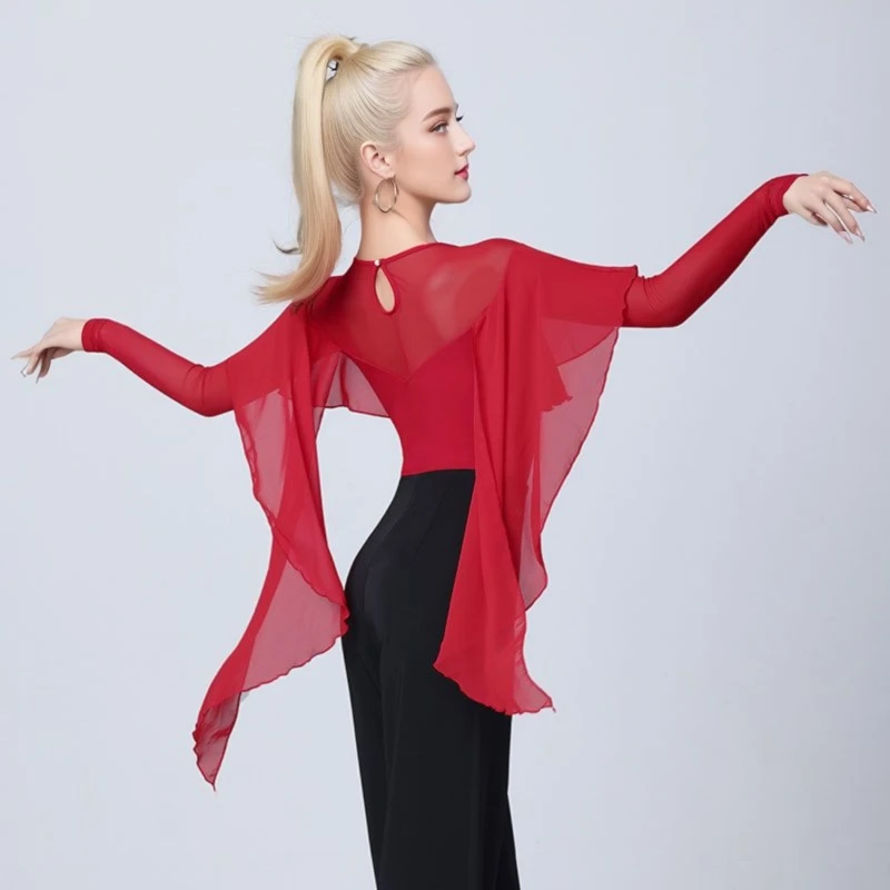 Modern Dance Fashion Mesh Splice Jumpsuit Competition Uniform High Aesthetic Value Waltz Dance Top for Adults Latin Dance