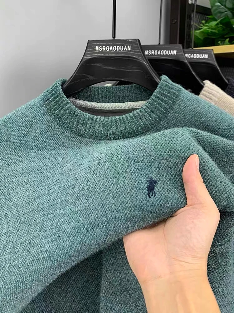 سترة رجالية فاخرة برقبة دائرية من العلامة التجارية الفاخرة، أزياء غير رسمية رائعة مطرزة بالشتاء مع بلوفر متماسك سميك ودافئ #5