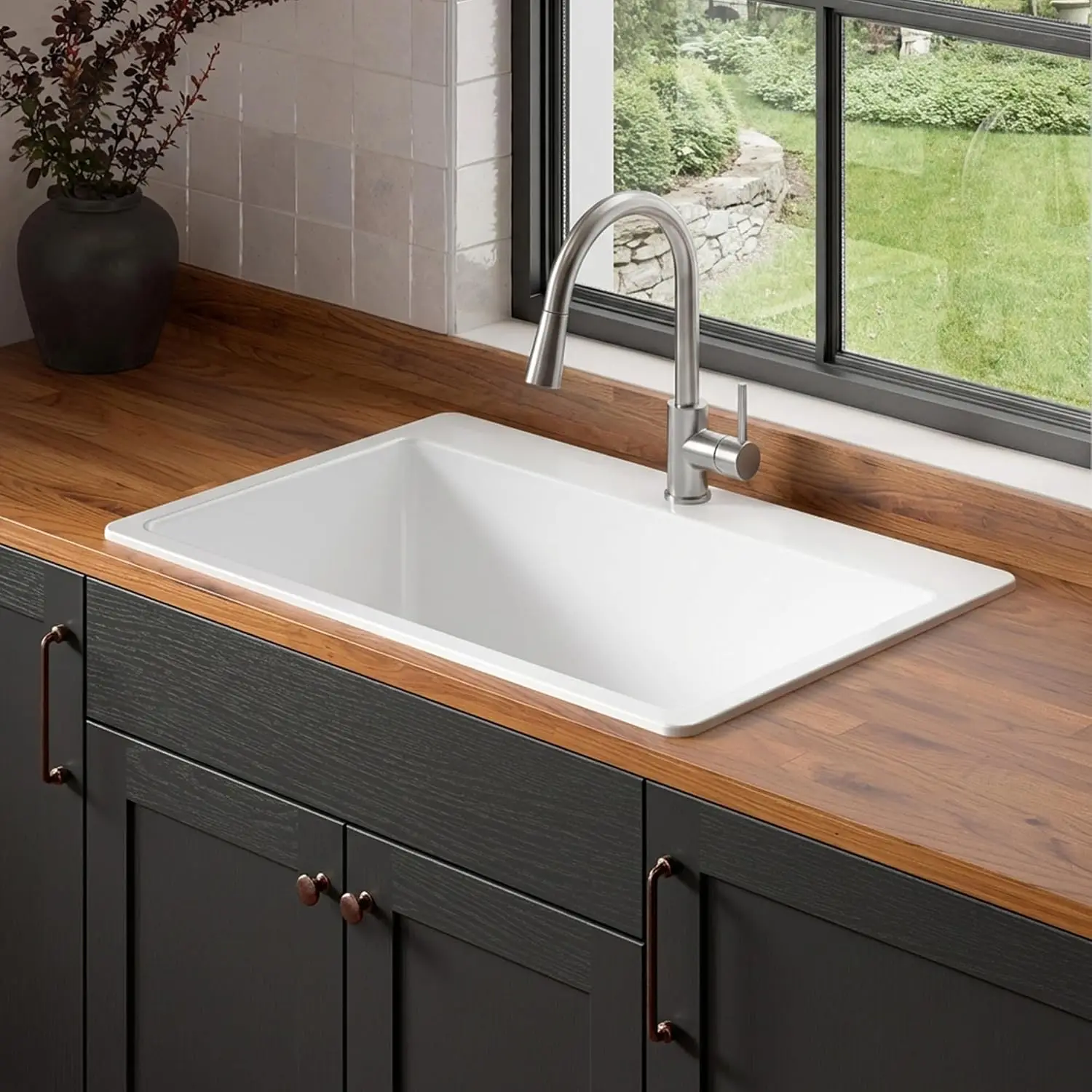 Jackson 33 in Fireclay Drop-In Kitchen Sink, Colfax Faucet