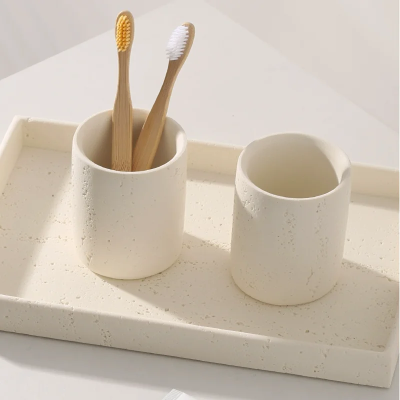 Bathroom, Off White Perforated Limestone Tray, Soap Dispenser, Toothbrush Holder, Cup, Soap Box, Natural Marble Decoration