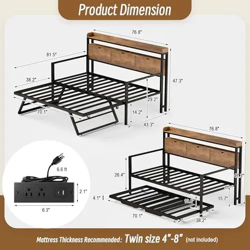 Twin Metal Daybed with Pop Up Trundle, Twin to King Expandable Bed Frame with Storage Headboard & Charging Station