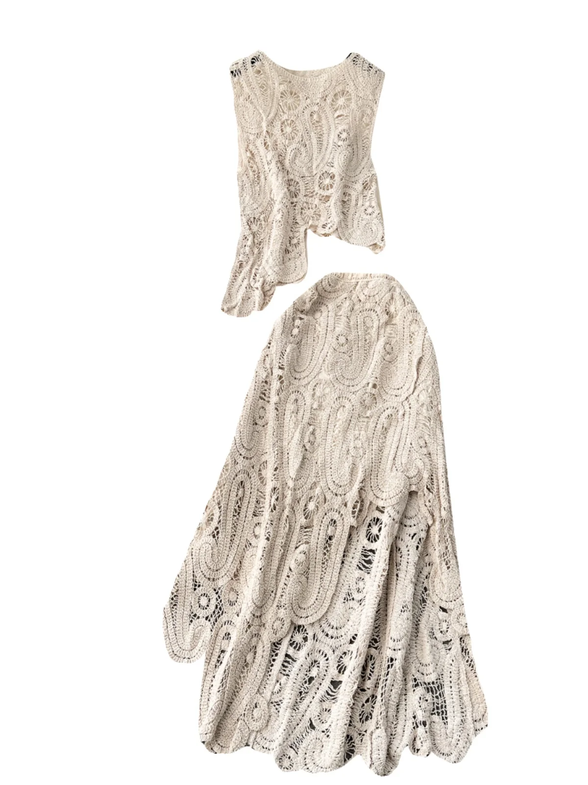 Retro Spicy Girl Sle Lace Hollow out Hook Design Set Women's Svel Top High Waist  Skirt Faionable Ensemble